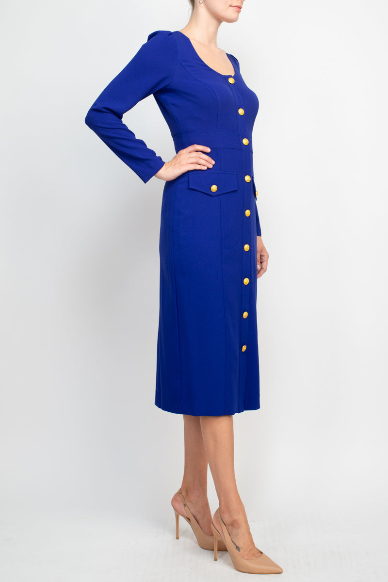 Taylor scoop neck long sleeve banded front button closure solid stretch crepe dress