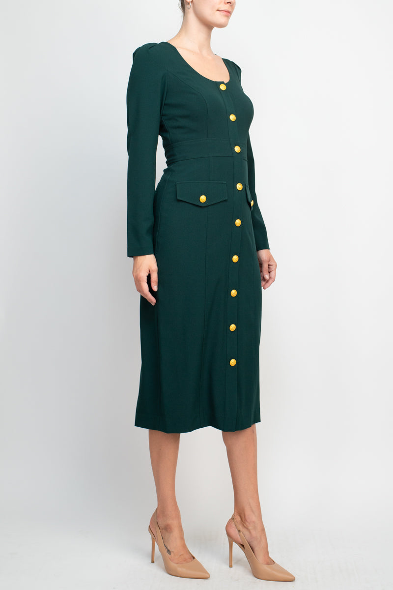 Taylor scoop neck long sleeve banded front button closure solid stretch crepe dress
